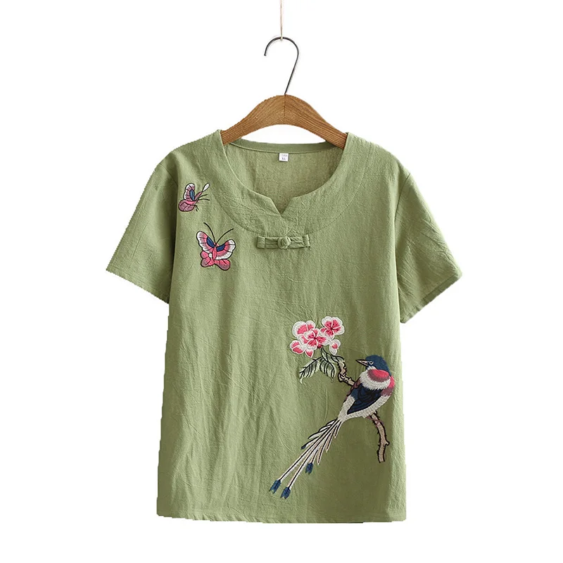 New Size Vintage Embroidery Cotton Linen T-shirt Women Summer O-Neck Loose Casual Chinese Style Buckle Top Female Tee Hanfu