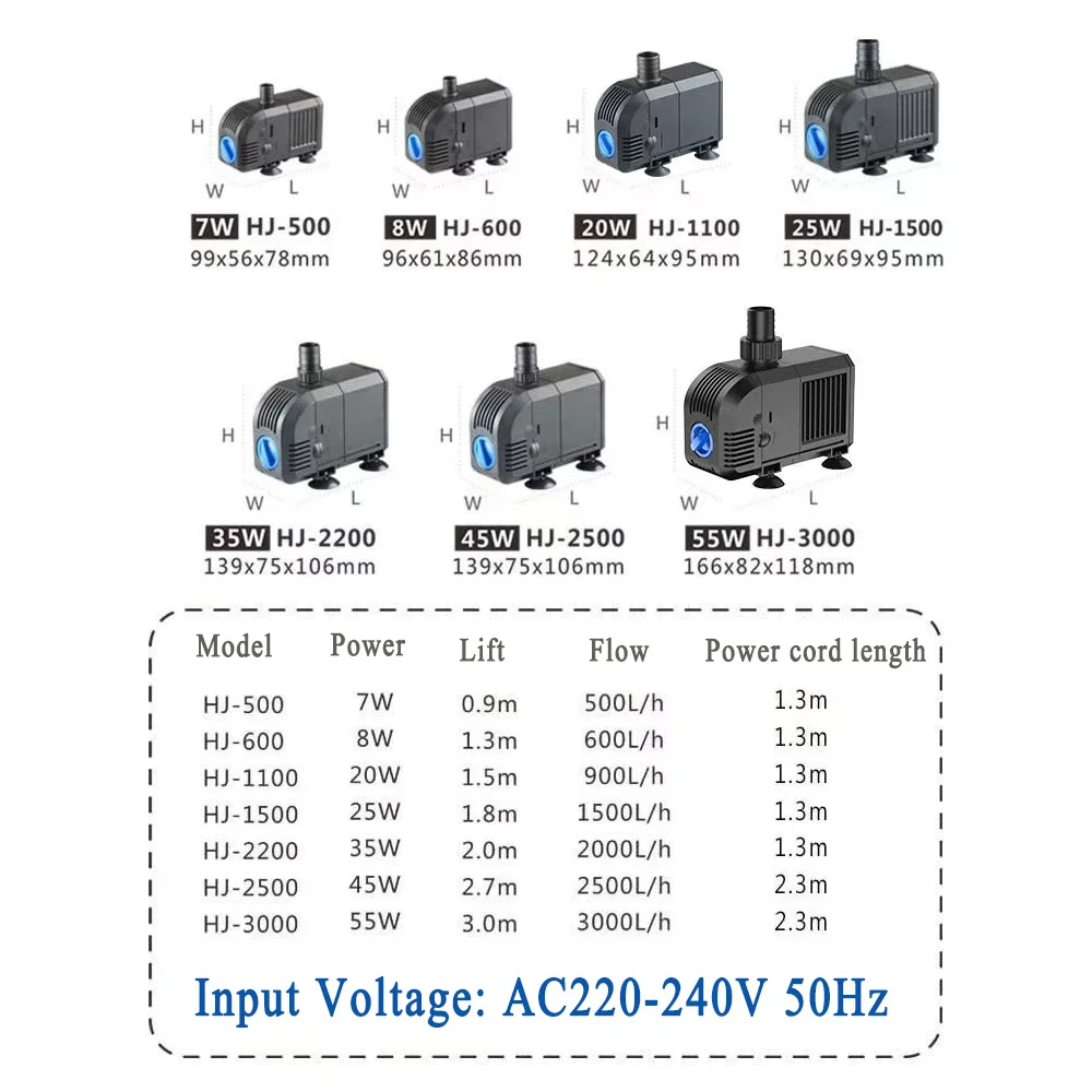 รูปสินค้า 500—3000L/H อัจฉริยะบ่อปลา Aquarium ปั๊มน้ํา 220-240V 50Hz ULTRA-Quiet ถังปลาน้ําพุน้ําปั๊มกรอง