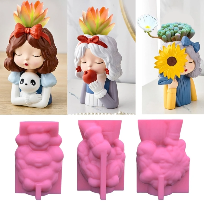 3 개/대/세트 실리콘 몰드 3D 귀여운 소녀 꽃 냄비 금형 DIY 수제 공예 펜 홀더 홈 장식 C63F에 대한 에폭시 수지 금형