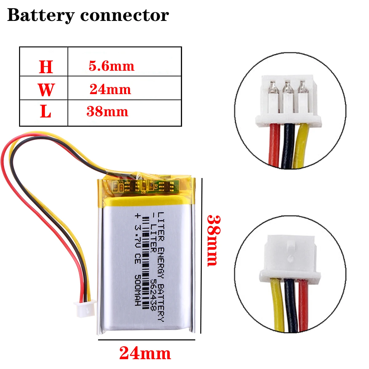 3.7V 500mAH 3 thread 562438 polymer lithium ion / Li-ion battery for Smart watch mp3 mp4 rechargeable lithium batteries