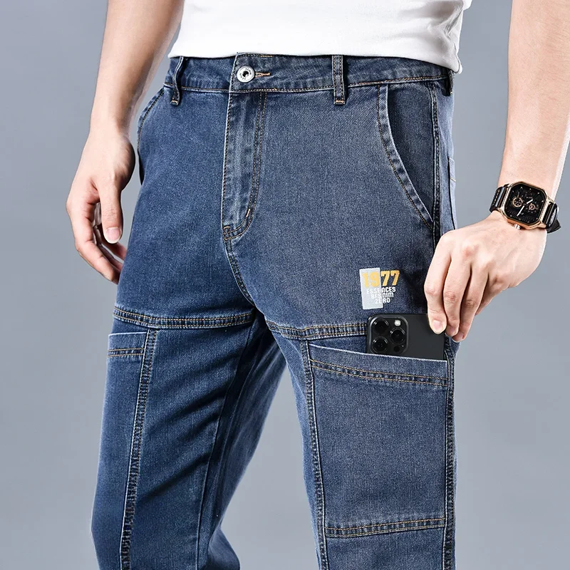 2024 Men's Summer Fashion Men's Jeans Multi-pocket Splicing Straight-leg Casual Denim Trousers Personalized Dark Blue Brand 1