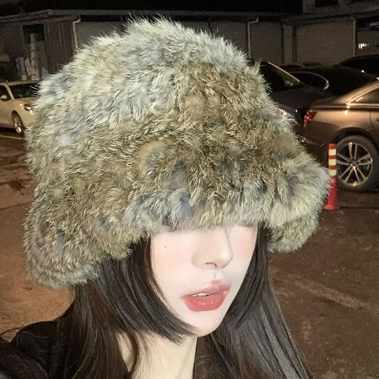 Rabbit Hair Hat Autumn and Winter Thickened Warmth and Cold Protection Hat Showy Face, Small Fur Ear Protection Fisherman's