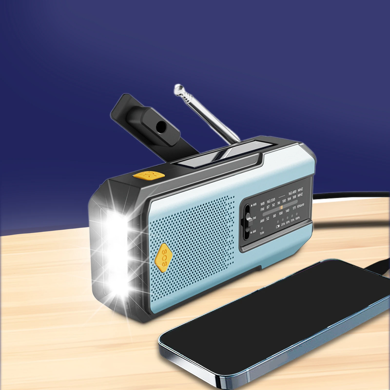 핸드 크랭크 비상 라디오 AM/FM/WB 라디오(LED 손전등 포함) SOS 알람 및 야외 캠핑 및 비상용 휴대폰 충전기