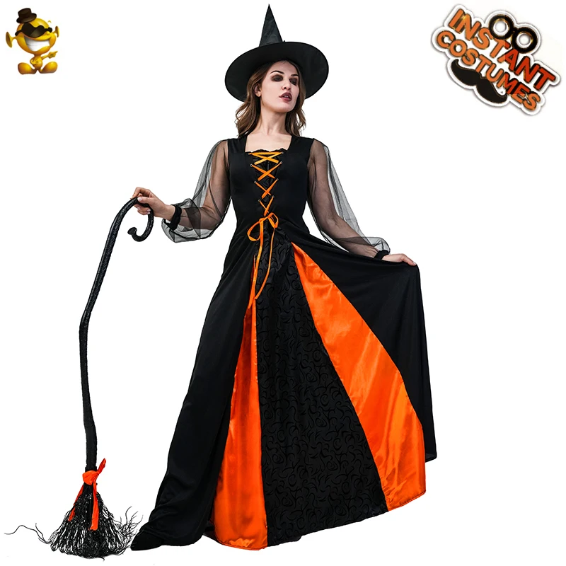 

Women Witch Costumes for Halloween Medieval Renaissance Halloween Cosplay Costume Deluxe Witchy Dress With Hat
