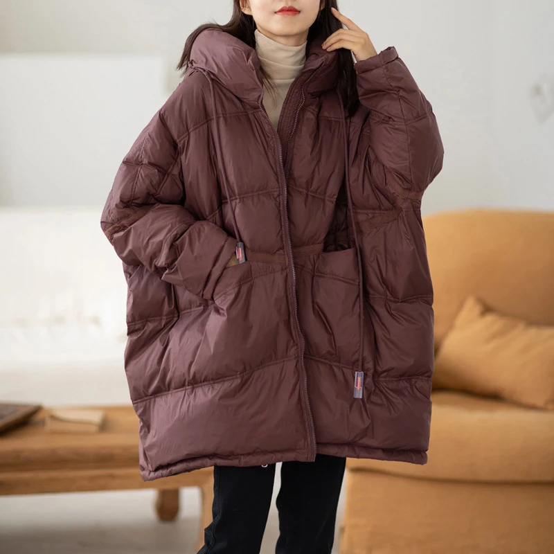 Lagabogy 2024 New Winter Women 90% White Duck Down Jacket Casual Loose Over Size Warm Parka Female Drawstring Hooded Puffer Coat 4