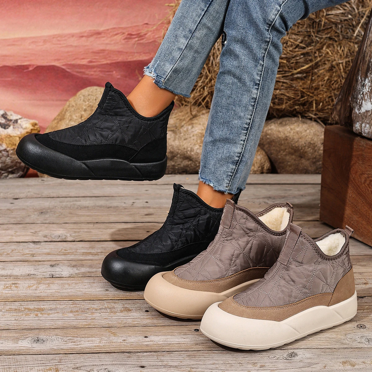 Down Cloth Non-slip Thick Bottom Snow Boots Women Winter fleece-lined Casual Soft Bottom Cotton Shoes
