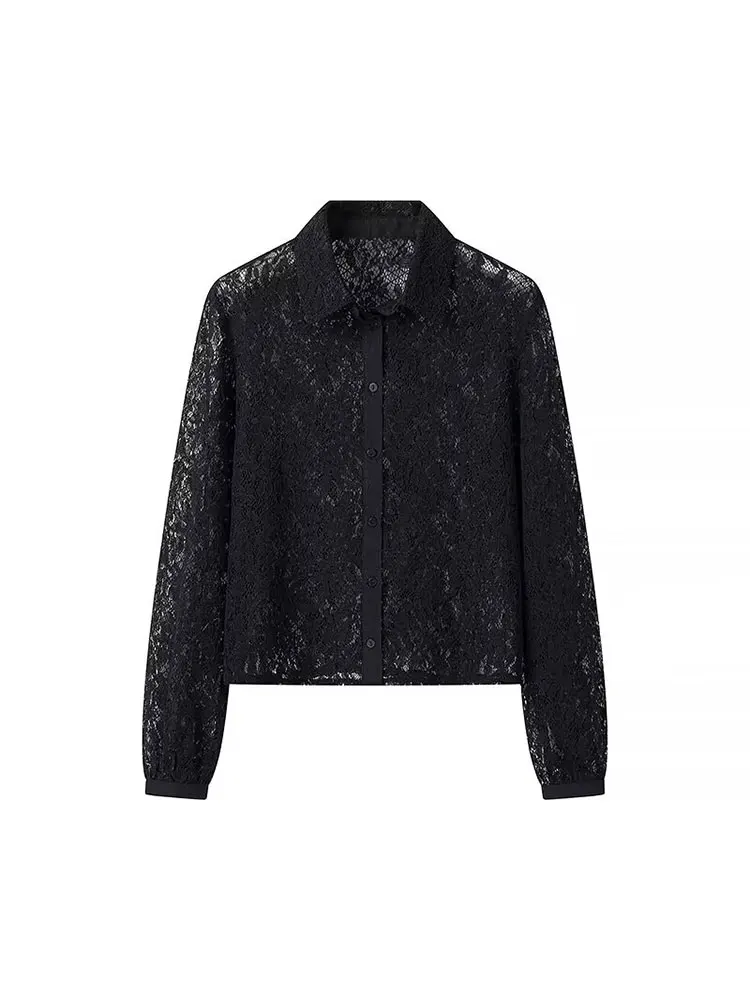 HH Women Fashion Translucent Lace Blouse Single Breasted Lapel Hollow Out Long Sleeve Shirt Summer Lady Sexy Solid Tops