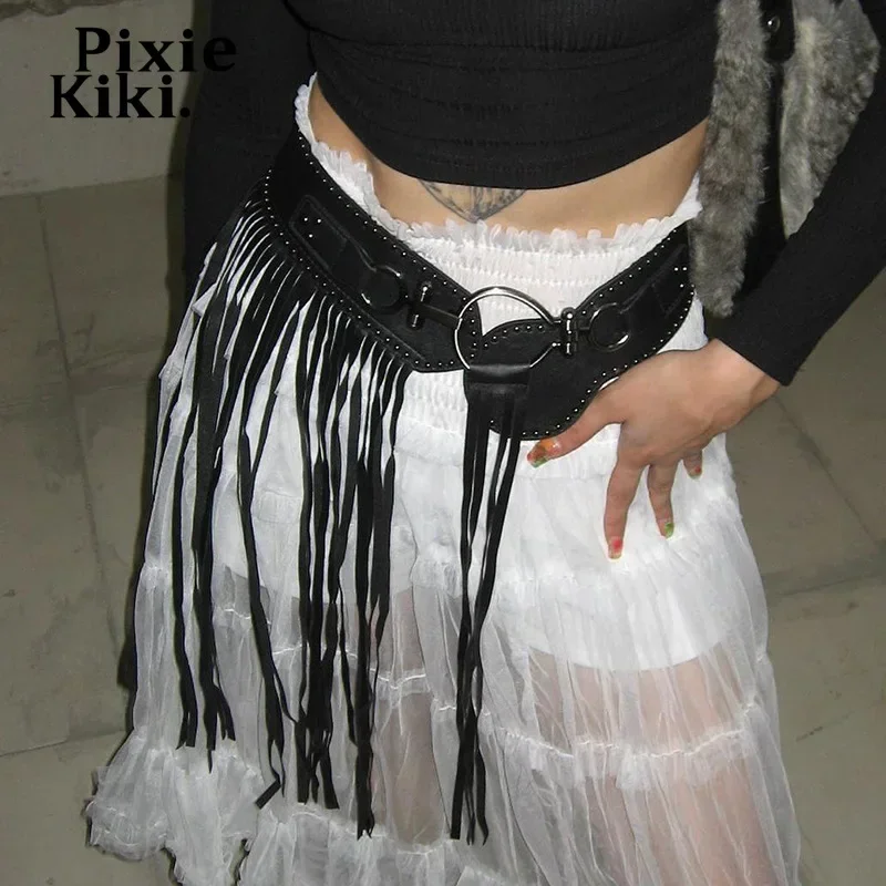 

PixieKiki Tassel Studded Belts for Women Y2k Accessories Black PU Leather Waist Belt for Women Dress Western Fashion P67-CF27