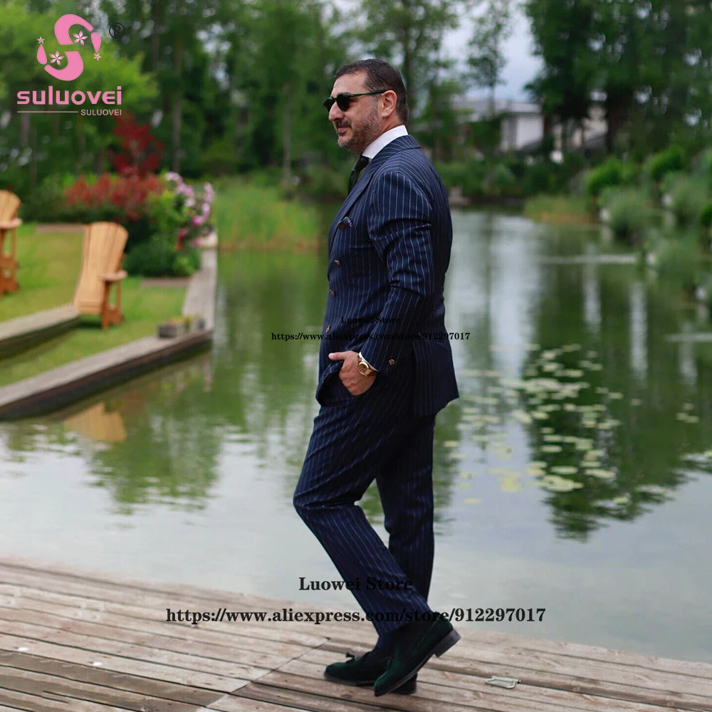 Classic Double Breasted Striped Tuxedo Suits For Men Slim Fit 2 Piece Pants Set Formal Groom Wedding Party Prom Blazer Masculino