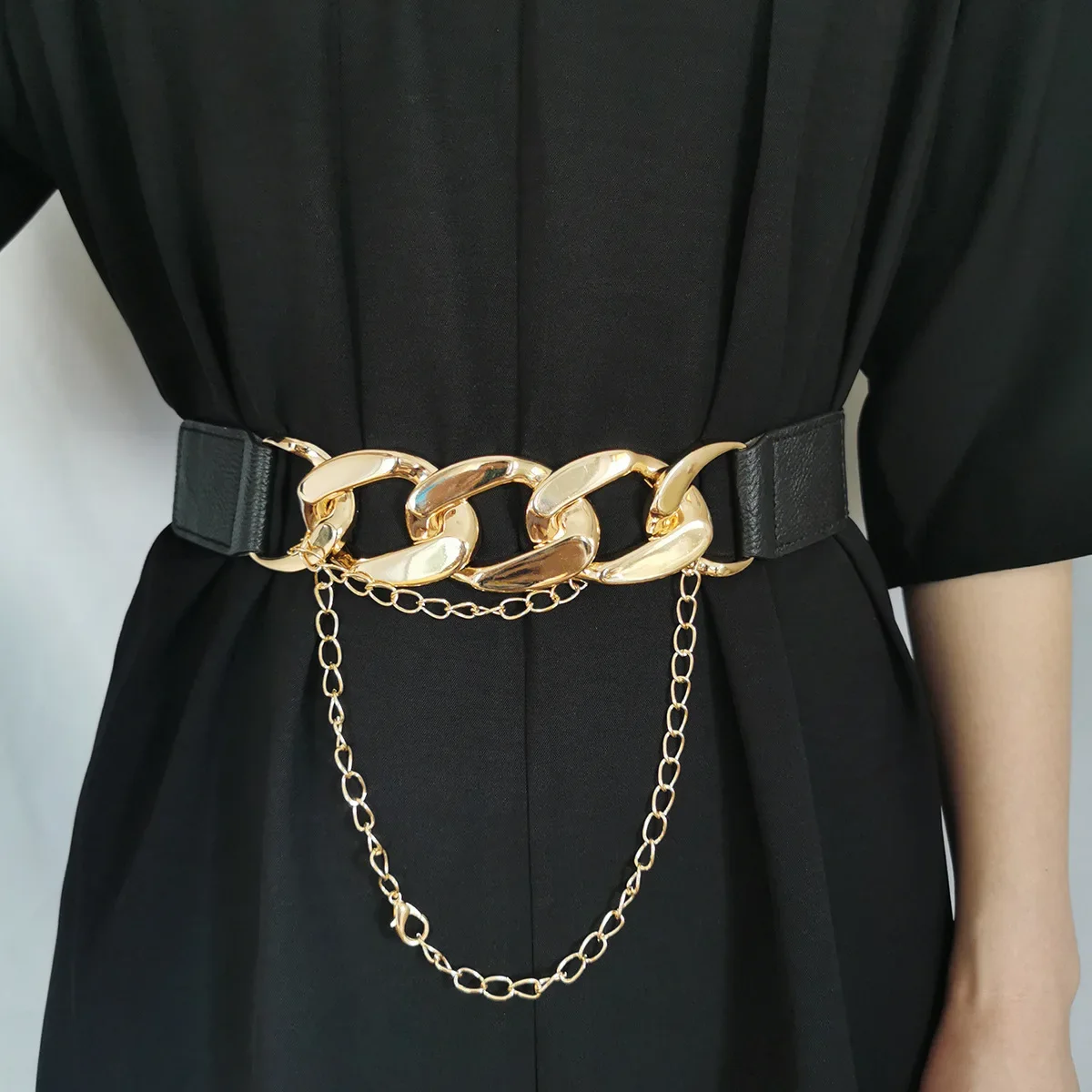 

High Quality Waistband Ladies Wide Belt Dress Coat Casual Metal Chain Buckle Elastic Waist Belts for Women Luxury Designer Brand