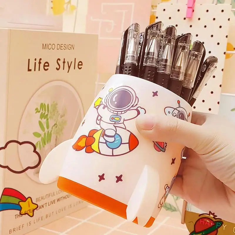 Rocket Pen Holder Makeup Brush Storage Box High Capacity Pencil Holder Aesthetic Pencil Cup Rocket Shape With Astronaut Sticker