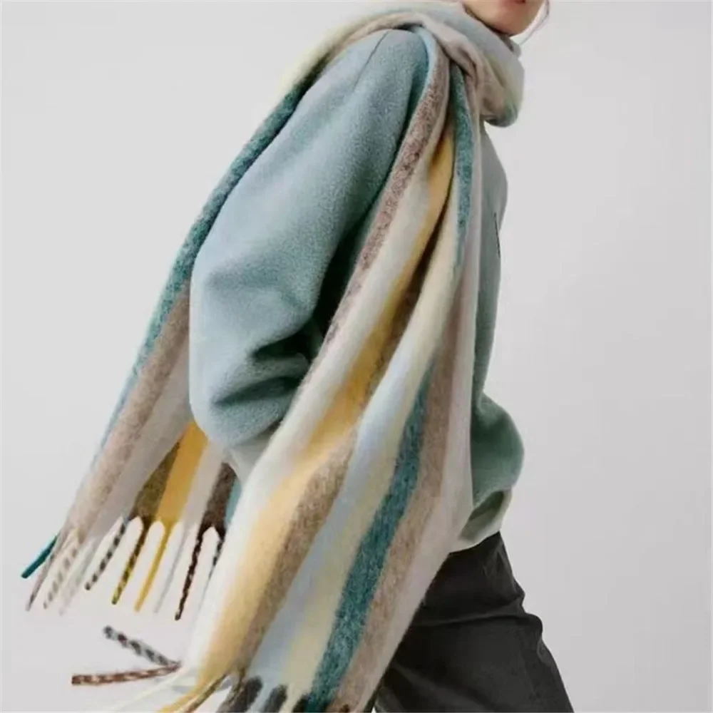 

2023 Winter New Atmosphere Rainbow Brushed Tassel Women's Scarf Warm Scarf Mohair Thickened Colorful Stripes Overlay with Shawl