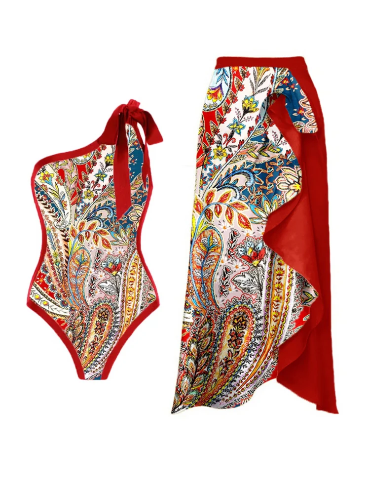 

Sexy One Shoulder Lace Up Swimwear Women 2023 Fashion Printed High Waisted One Piece Swimsuit Red Elegant Contrasting Swimwear