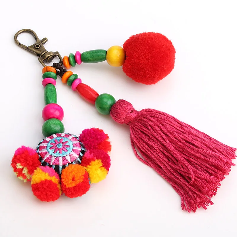Portachiavi Boho Con Pom Pom E Nappa Colorata, Ciondolo In Cotone Per Borsa O Auto, Stile Etnico