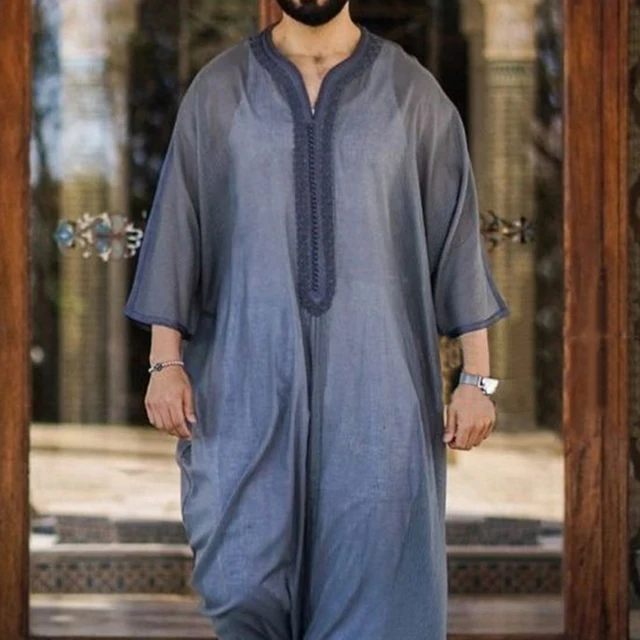 Abaya homme – Robe Caftan à col en V pour hommes, style musulman, rétro, moderne