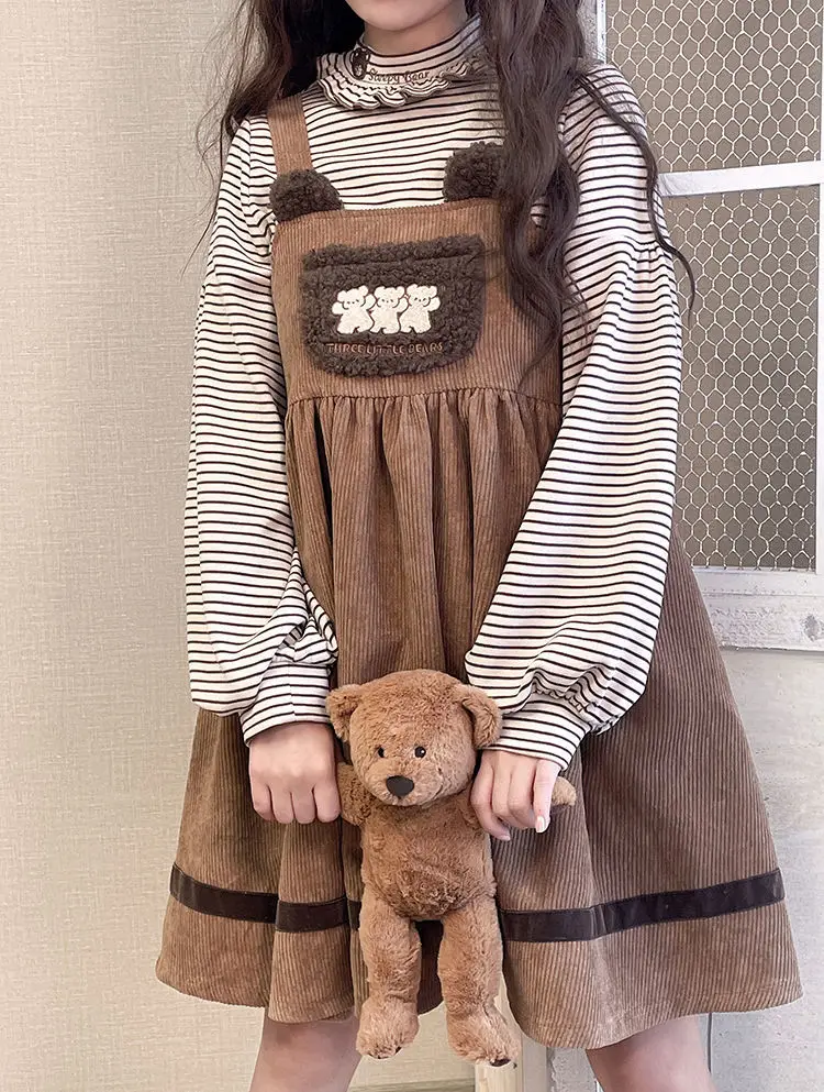 

Coafell Japanese Kawaii Women Lolita Dress Winter Cute Bear Embroidery Strap Mini Dress Girls Vintage Party Dress Soft Girl