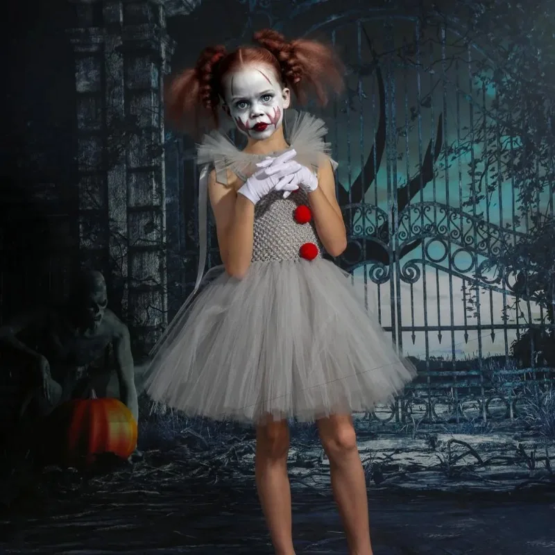Halloween Girls Pennywise Tutu Dress Kids Cosplay Scary Gray Clown Costume Girl Carnival Party Dress Up Clothing