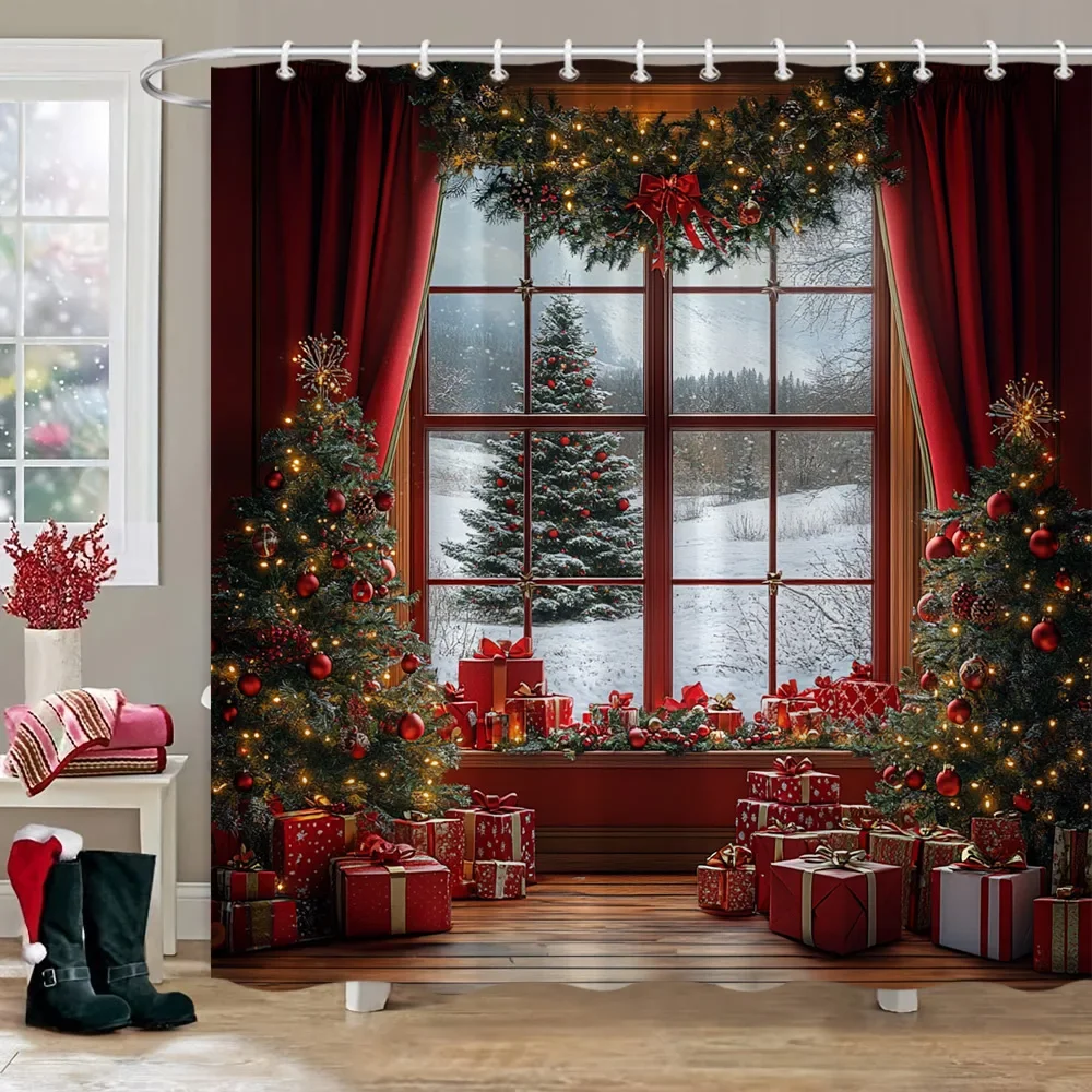 Christmas Decoration Shower Curtain Winter Snow Scene Christmas Tree Gifts Polyester Bathroom Decor