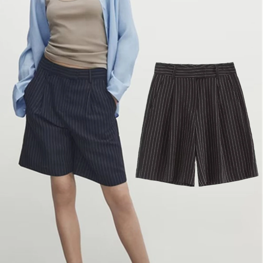 Dave&Di Summer Fashion Ladies New Bermuda Shorts Ladies French Retro Striped High Waist Shorts Women