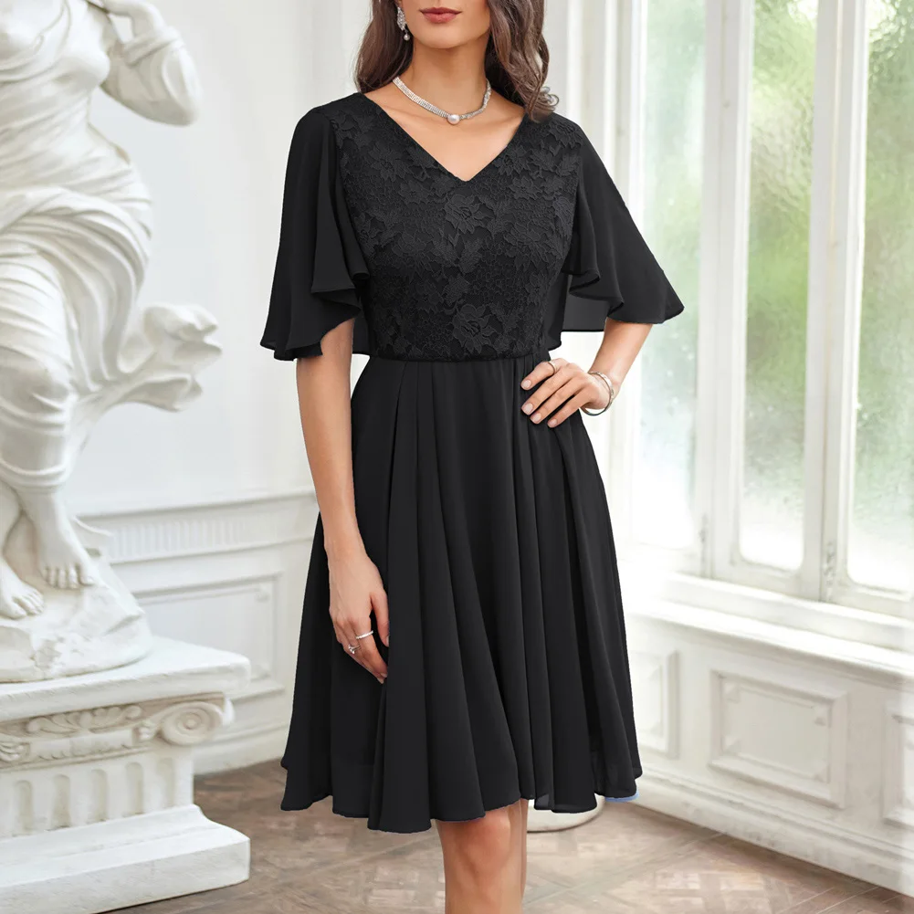 

GK Women Lace Patchwork Dress Cape Sleeve V-Neck Flared A-Line Causal Fashion Party Evening Dresses Female Lady Elegant Gown