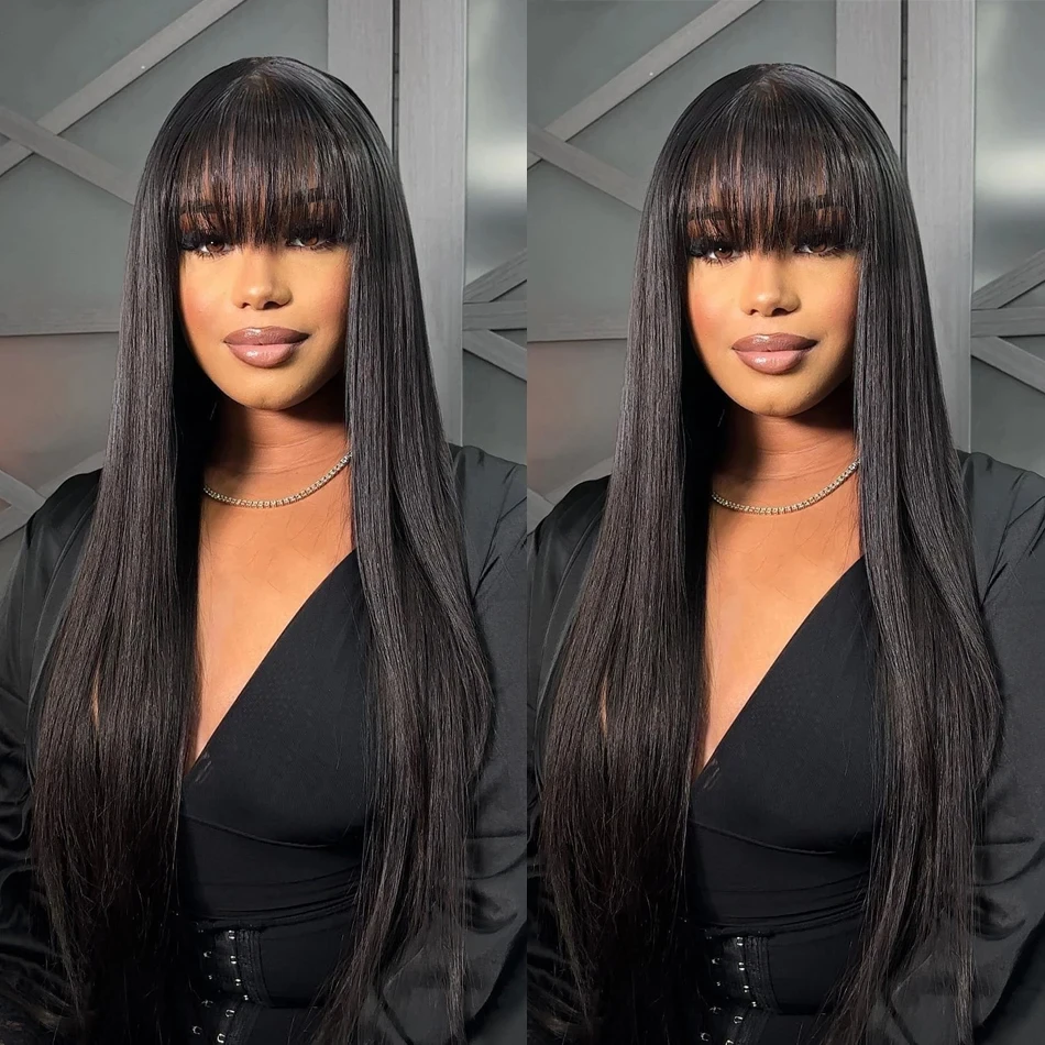 Straight Human Hair Wig With Bangs Wear And Go Glueless Wig 3x1 Brazilian Fringe Full Machine Made Wig Straight Wig With Bangs