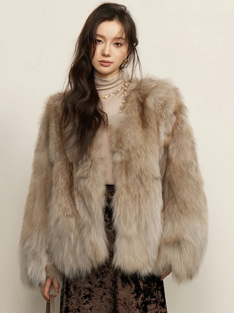 V-neck Luxury Natural Silver Fox Fur Coat for Women High-end