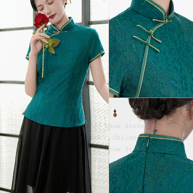 Chinese Style Qipao Top Lady Elegant Lace Flower Cheongsam Shirt Tradition Mandarin Collar Tang Clothes Short Sleeve Blouse