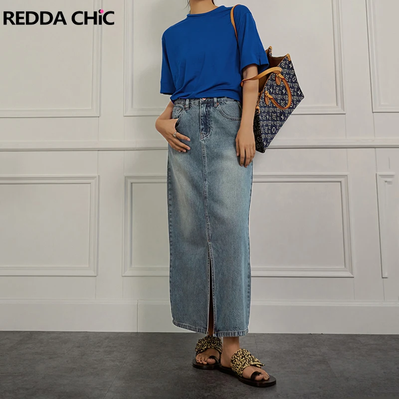 

REDDACHiC Casual Plain Women Maxi Denim Skirt with Slit Front Long Jeans Skirt Plus Size Korean Stylish Vintage Y2K Streetwear