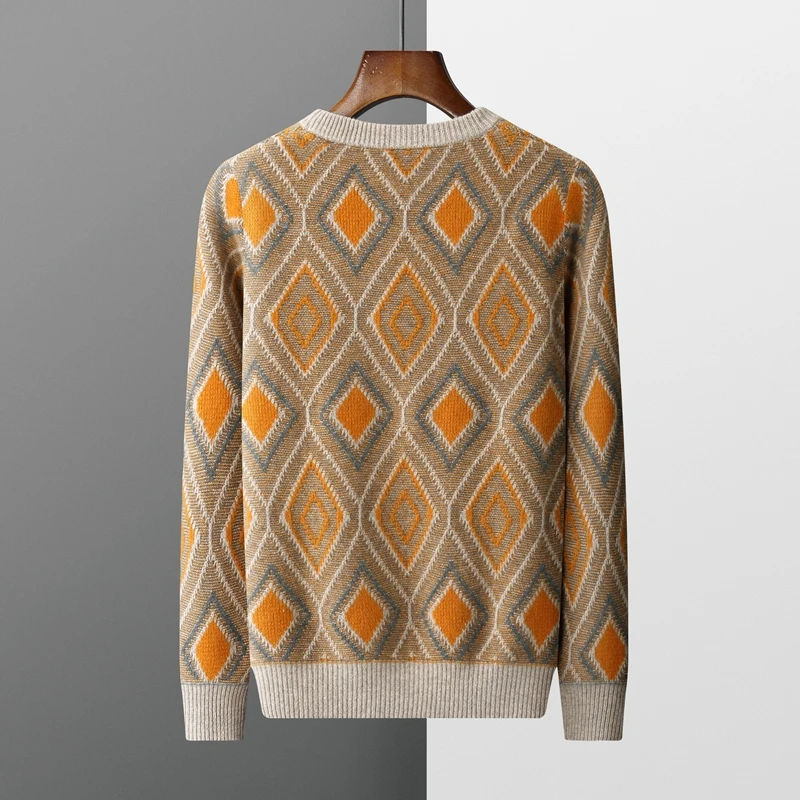 Autumn and winter new 100% merino sweater men's O-neck pullover fashion retro jacquard leisure cashmere sweater bottoming shirt 4