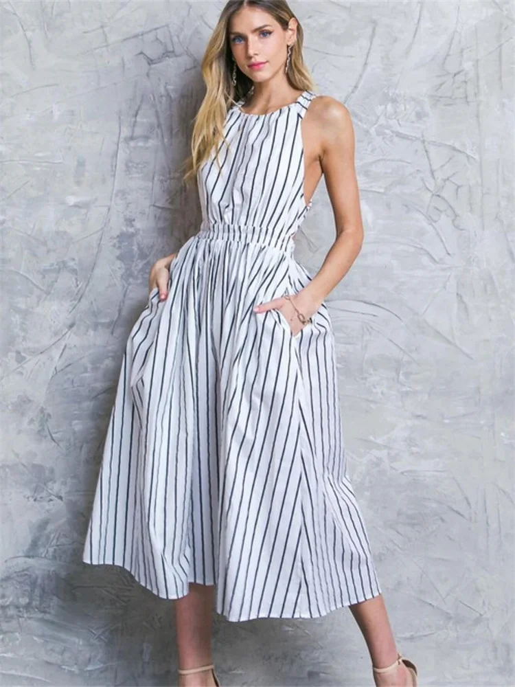 Wmstar Women's  Dress New in Summer Sleeveless Fashion Elegance Striped Elastic Waist Dresses Wholesale Dropshipping 2024