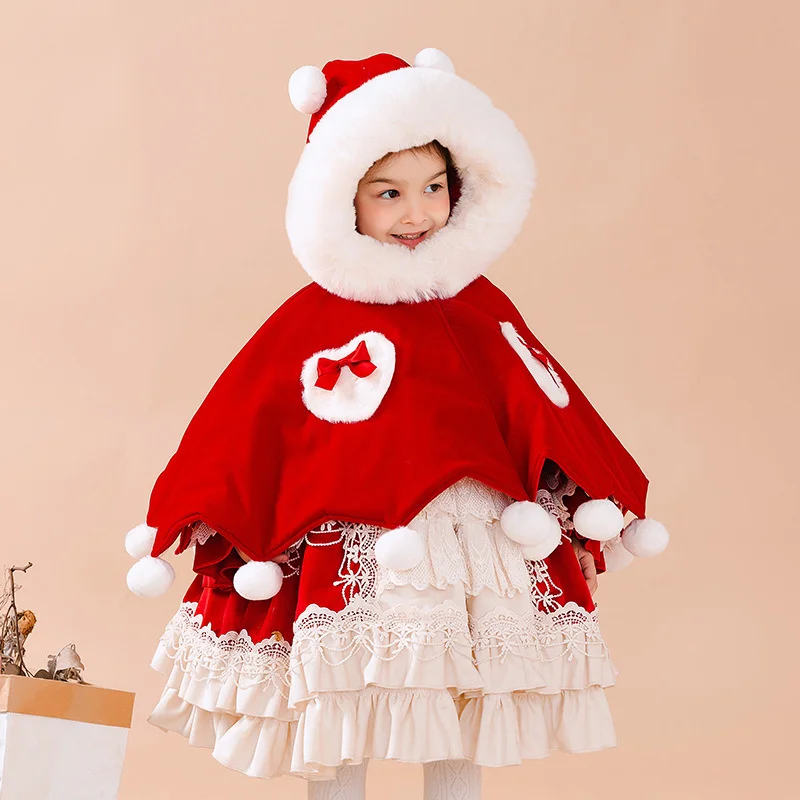 New Year's Wear Bright Red Coat Girl Lolita Plus Cashmere Clip Cotton Big Real Wool Collar Cape
