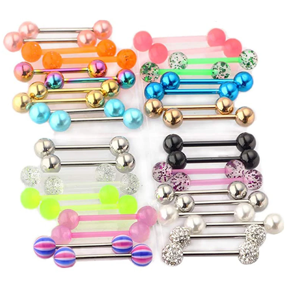 

WKOUD Mix-Color Stainless Steel Straight Barbell Tongue Rings Bars Piercing Acrylic Glow In Dark Flexible Retainer Body Jewelry