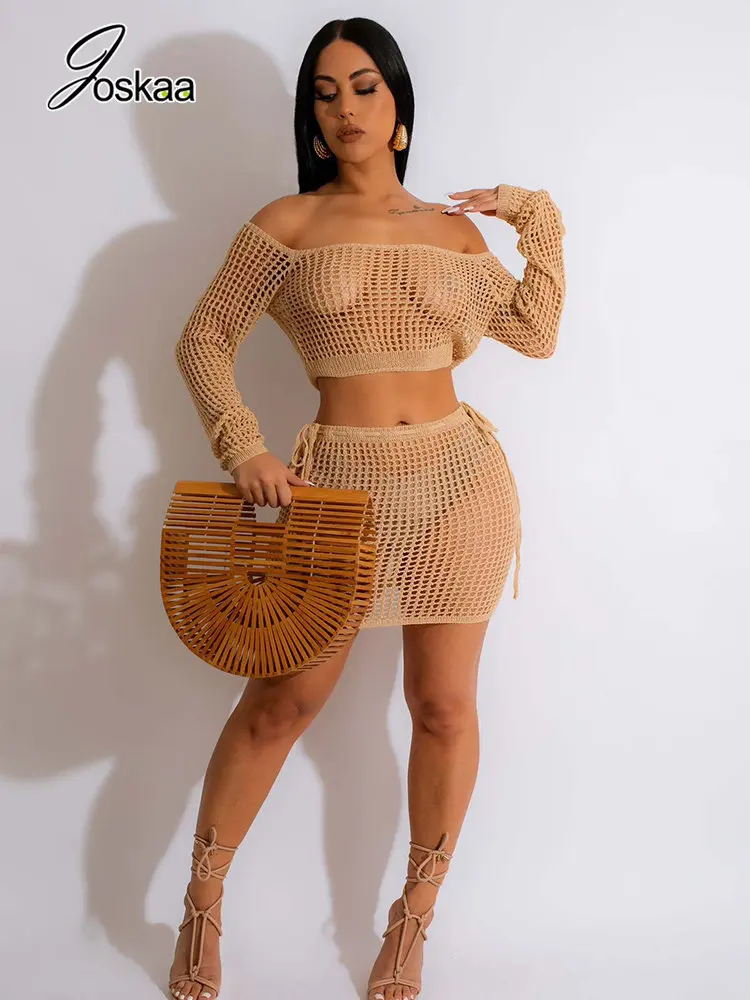 

Joskaa Beach See Through Two Piece Set Summer Women Sexy Off Long Sleeve Tops and Mini Skirt Matching 2023 Holiday Outfits