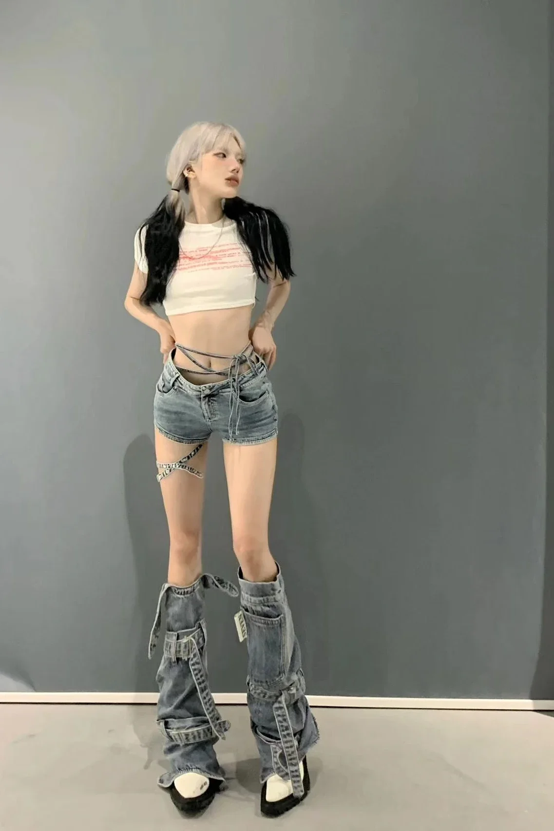 Vintage Washed Bandage Jeans Hot Girls Two Ways Wearing Shorts and Leg Cover Belt Denim Baggy Pants Streetwear Punk Goth Jeans