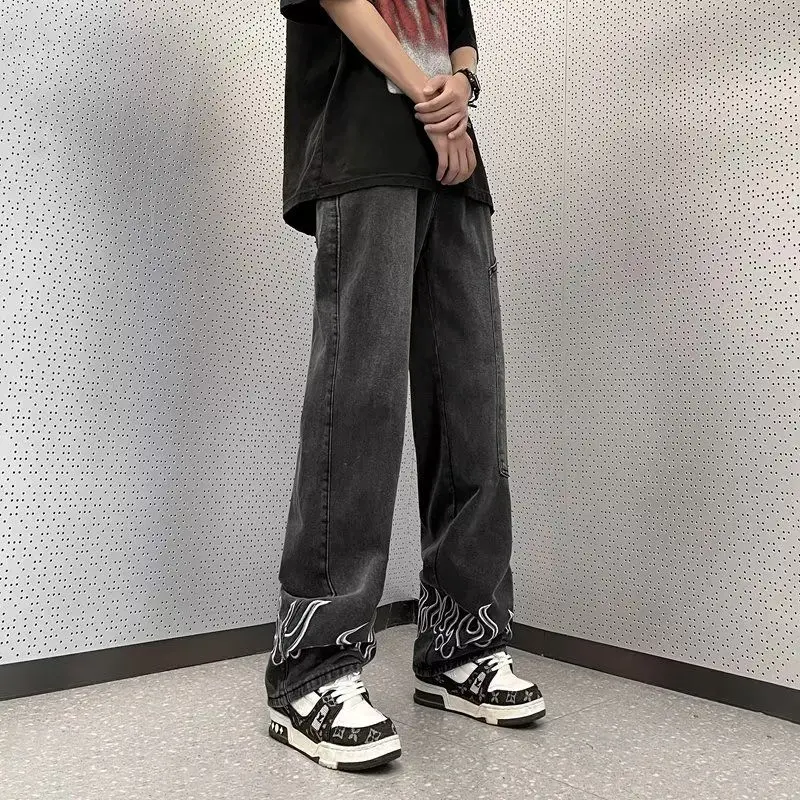 

Fashion Black Baggy Jeans Men Y2k Denim Unique High Street Straight Loose Men's Pants Casual Flame Pattern Hip Hop Trousers