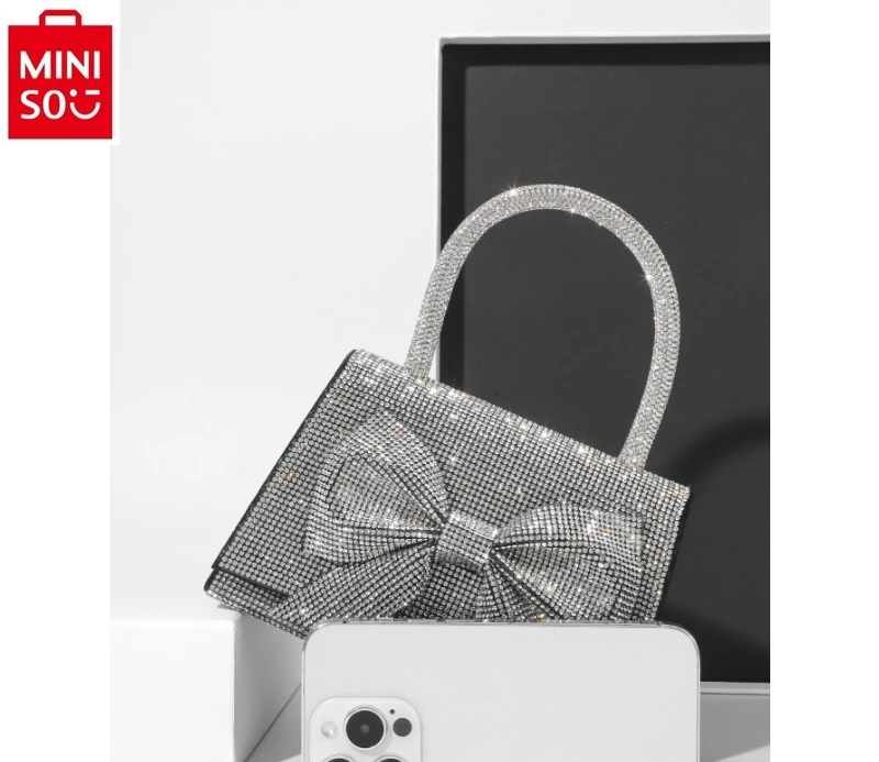 MINISO  Disney Luxury Brand Princess Full Diamond Bow Sweet Chain Handbag Women's Fashion Shining Storage Dinner Bag