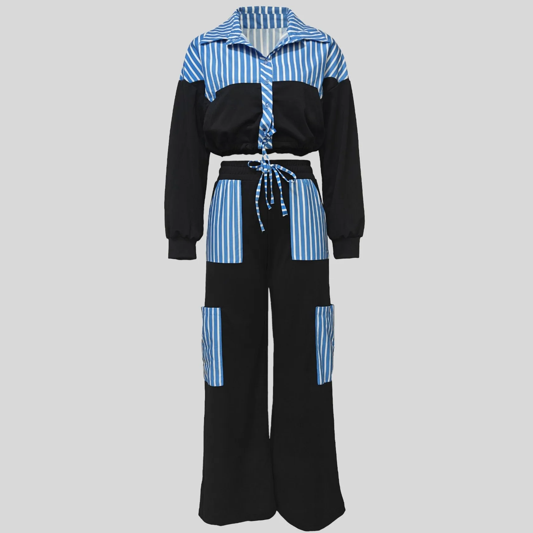 thumbnail image 1 of Conjuntos de 2 piezas para mujer, traje de un solo pecho con empalme, top y pantalones, conjunto de chándal a juego, verano otoño 2024, 1 of 5