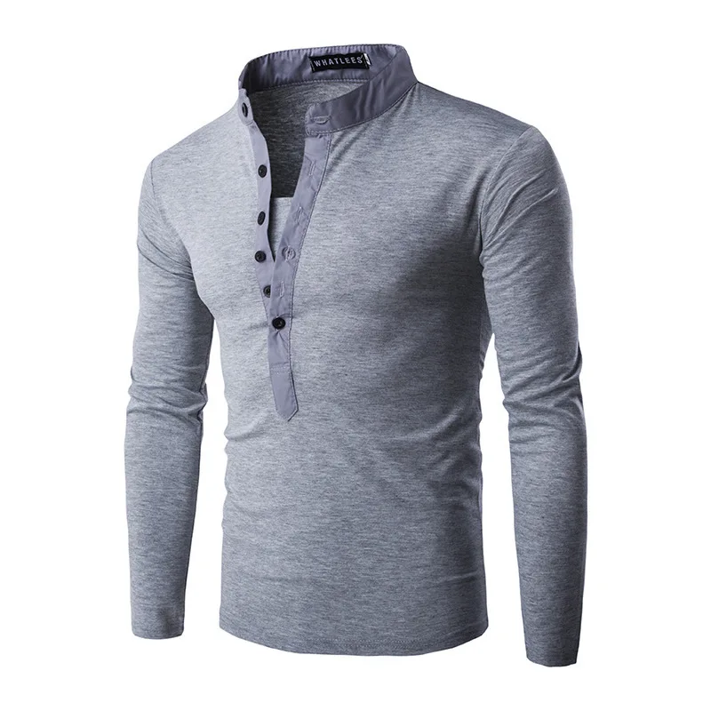 

New Men's Solid Color Stand-up Collar T-shirt Button Placket Casual All-match Long-sleeved T-shirt Slim Bottoming Shirt for Men