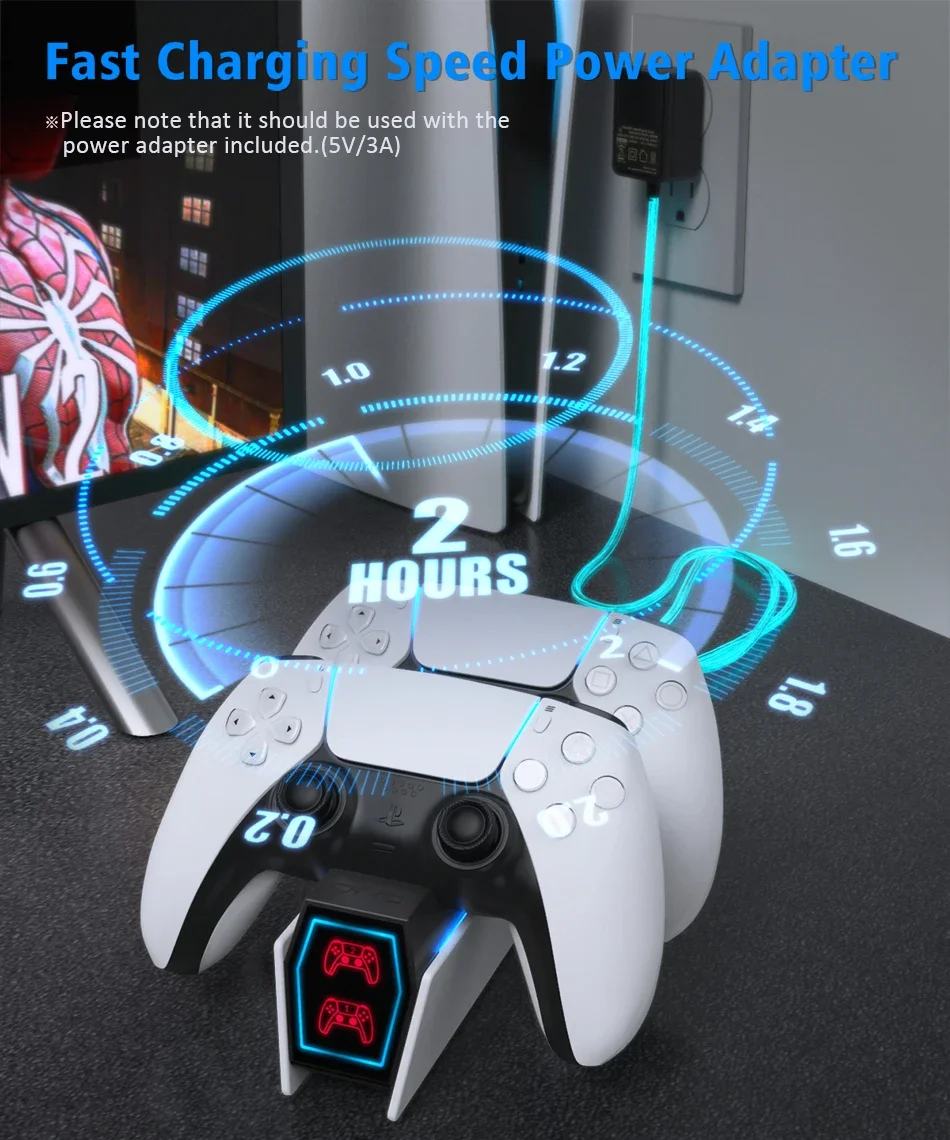 PS5 듀얼 컨트롤러 충전 도킹 스테이션(미국 플러그 포함) - Playstation 5 무선 게임패드용 고속 충전기, 과열 방지