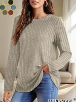 2024 Autumn Women Round Neck Long Sleeved Pit Stripe Pullovers Solid Color Lightweight Ladies Sweaters Comfortable Woman Clothes - Image 6