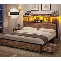 LED Queen Size Bed Frame with Tall Storage Headboard & 4 Drawers, Platform Metal Bed Frame with Sliding Acrylic Door 1