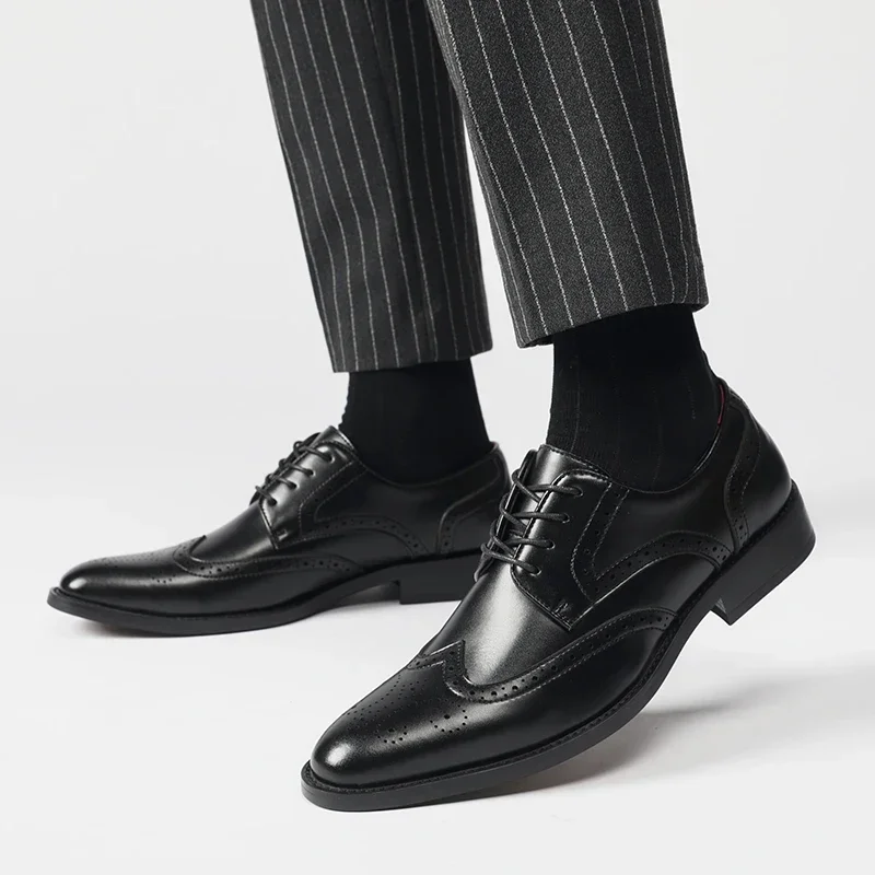 Men Height Increase Oxford Dress Shoes Genuine Cow Leather Lift Brogues Wedding Formal Elevator