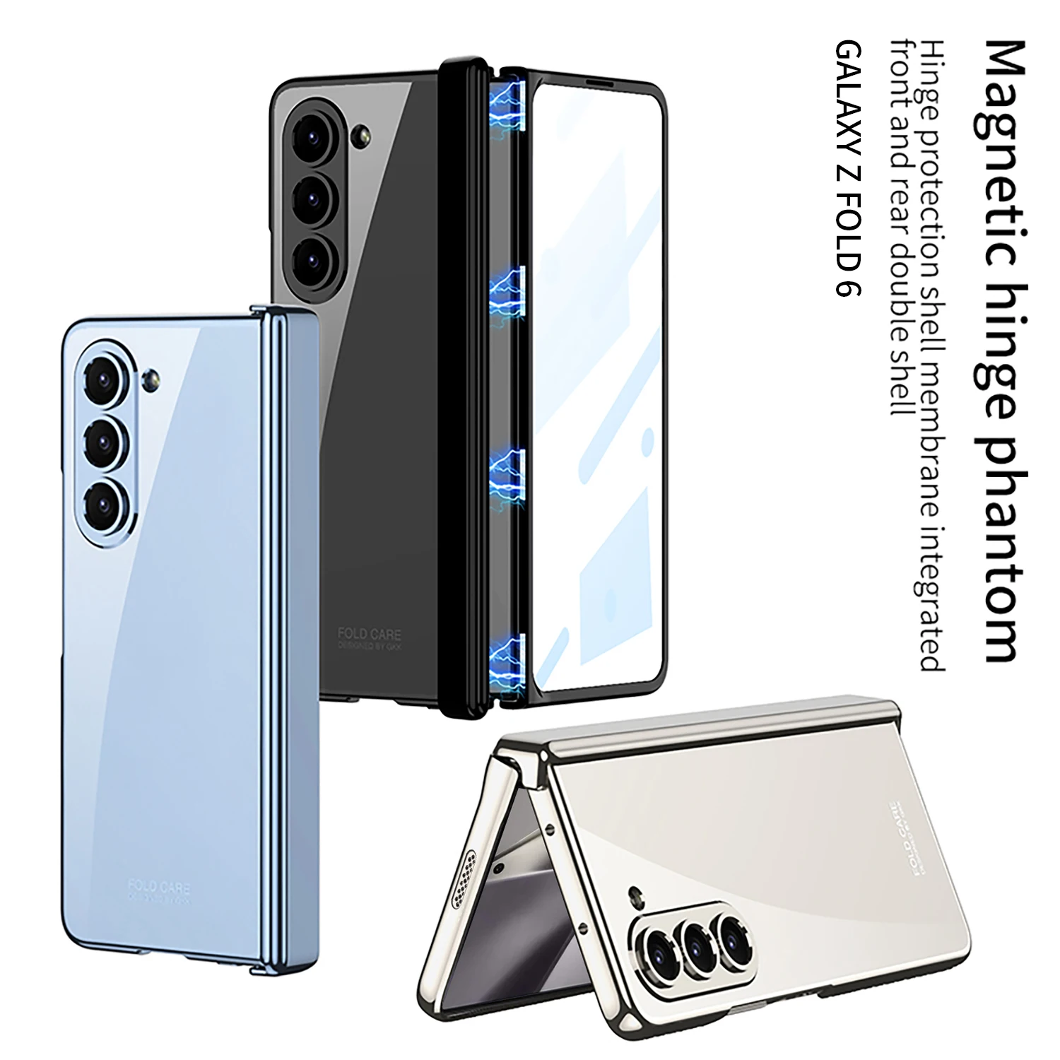 Phone Case For Samsung Galaxy Z Fold 7 6 Fold7 Plating Transparent Magnetic Hinge Phone Case Screen Glass Protective Film Shockproof Cover