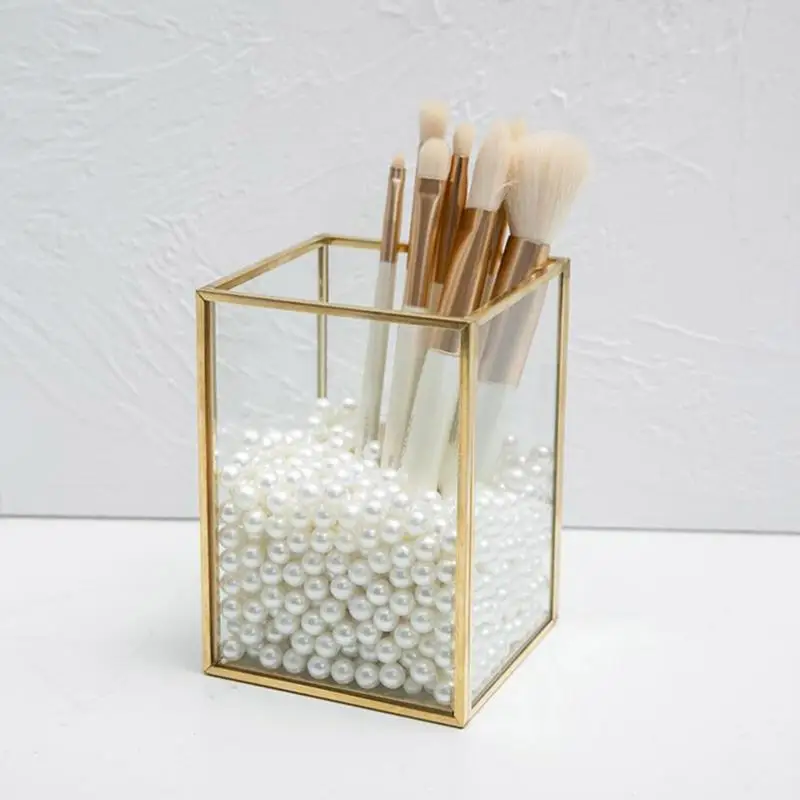 Transparent Glass Makeup Brush Storage Box Gold Cosmetics Container Ring Pencil Lipstick Holder Make Up Brushes Organizer 3