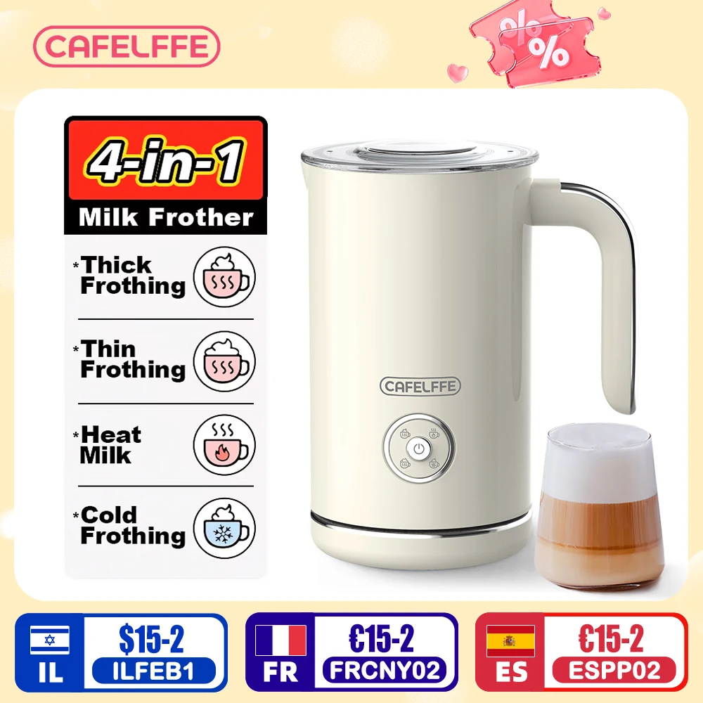 Cafelffe 4in1 Electric Milk Frother Frothing Foamer Chocolate Mixer Cold/Hot Latte Cappuccino Automatic foam milk heater Warmer 6