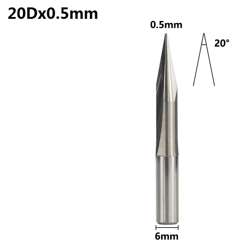 Fraise En V Pour Gravure CNC - Tige 6mm - Angles 15/20/25/30° - Pointe 0.3mm - 2 Cannelures - Pour Bois, Métal, Plastique