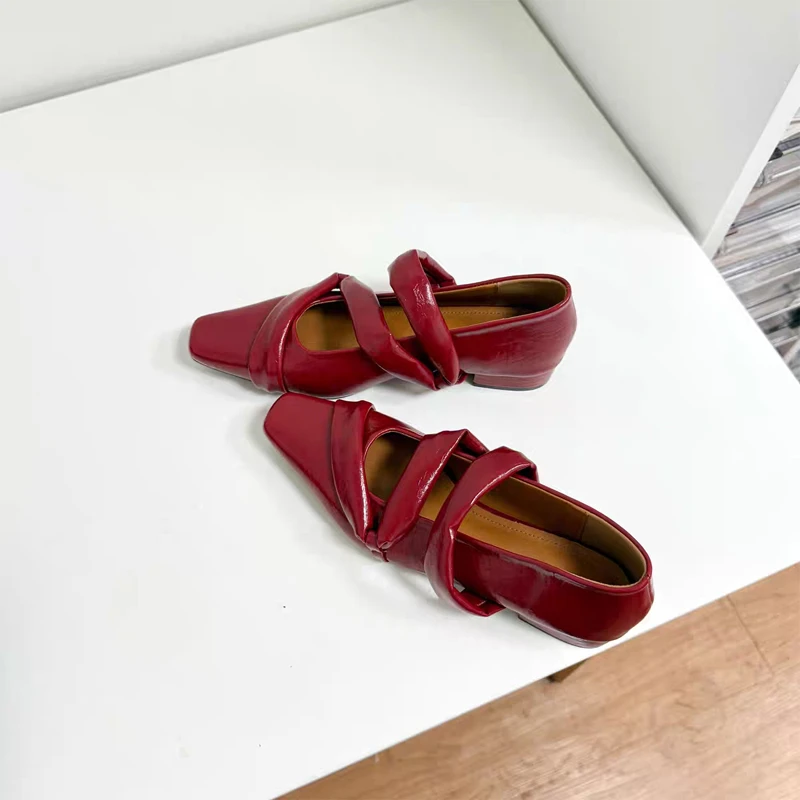Aphixta Red 2.5cm Low Heel Pumps Cool Narrow Band Spring Woman Shoes Elegant Women Mary Janes Square Toe Patent Leather Shoes