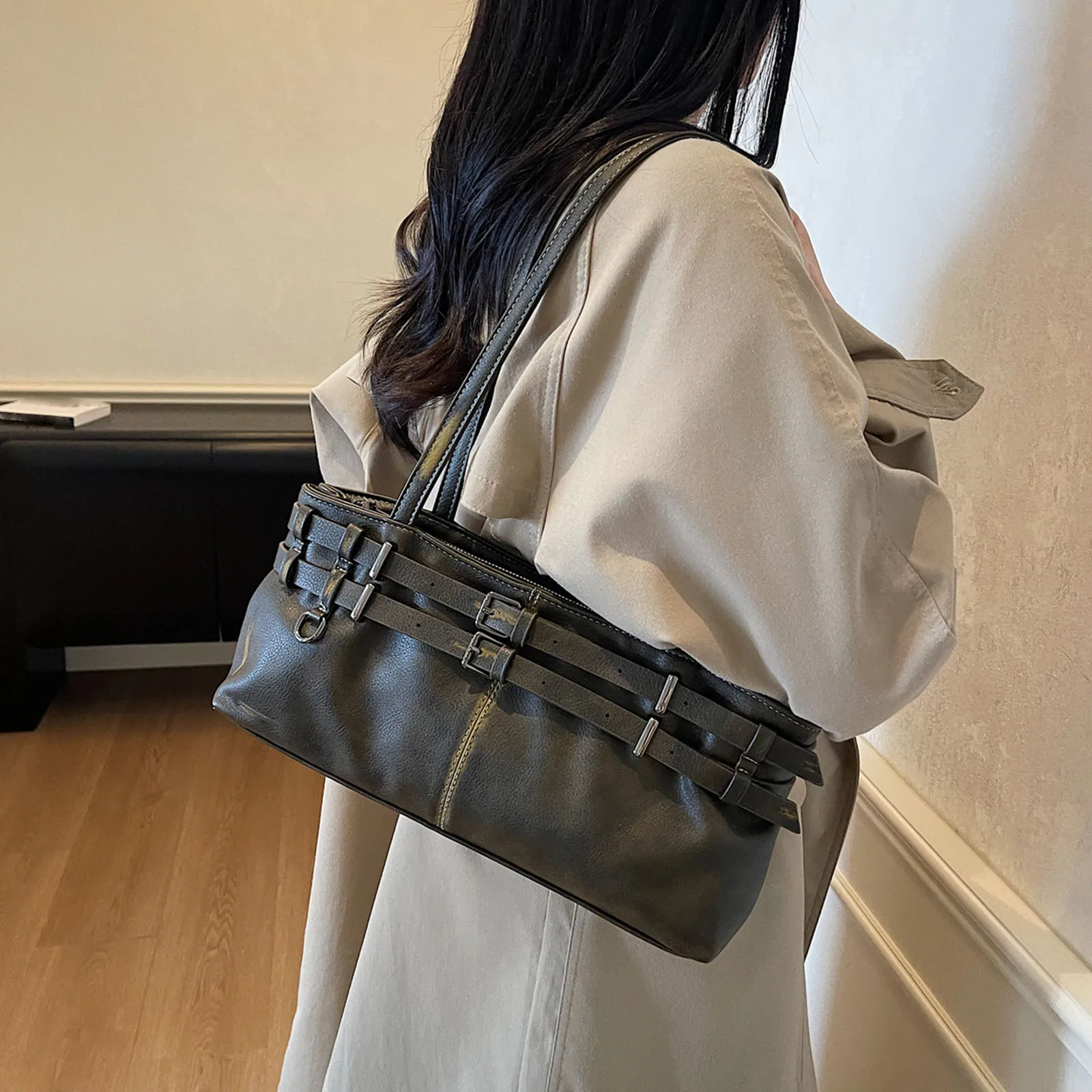 Women PU Leather Single Shoulder Tote Bag with Zipper One Shoulder Armpit Bag Single Shoulder Handbag for School Work Daily Use
