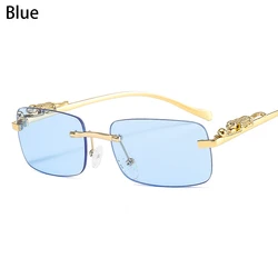 Vintage Rimless Square Luxury Sunglasses with Leopard Head Design (Blue)
