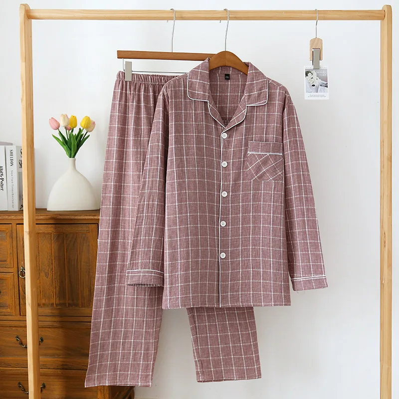 Japanese New Men's Spring/Summer Pajama Set 100% Cotton Plaid Long Sleeve Pants Two Piece Set Large Relaxed Home Furnishing pajamas set man pajamas set